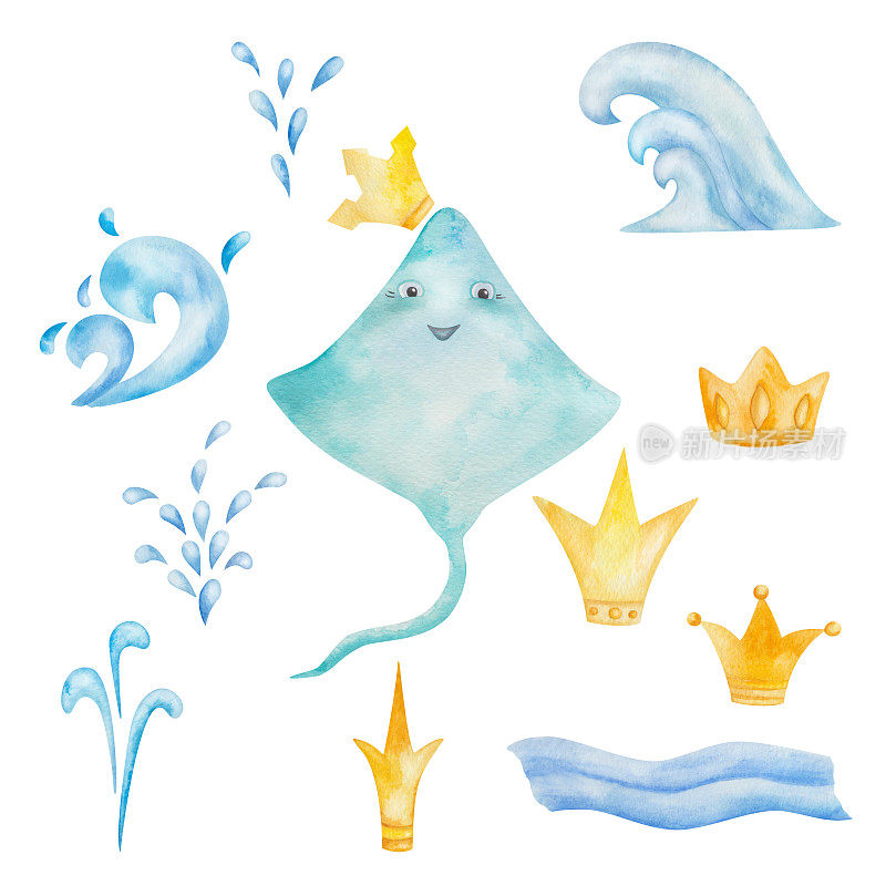 水彩插图手绘蓝绿色鳐鱼，金色的皇冠，飞溅的水。卡通海洋动物，带着脸的刺鳐，微笑。海洋生命。孤立的剪贴画儿童织物打印