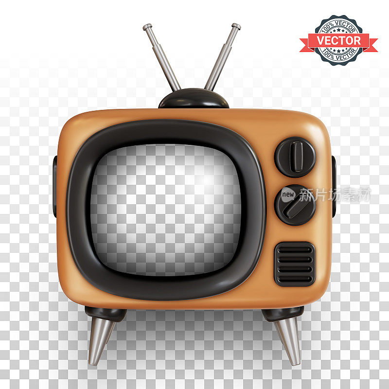 复古电视或老式电视机图标在风格化卡通风格隔离在透明网格。逼真的3d矢量插图