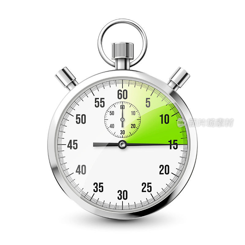现实的经典秒表图标。闪亮的金属天文钟，带表盘的计时计数器。绿色倒计时计时器显示分和秒。测量运动开始和结束的时间。矢量图