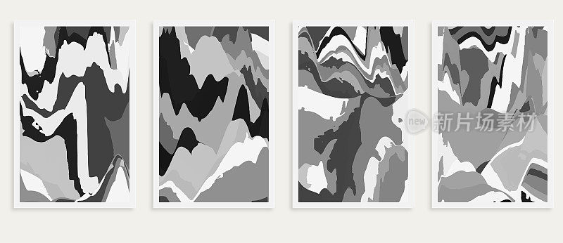 向量单色木刻风格涂鸦流动山水彩画场景图案横幅卡设计元素，插图抽象背景集合