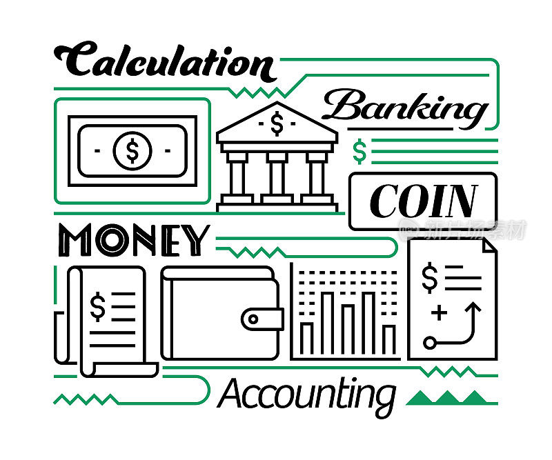 核算对象和要素。线条图标插图集合。图标设置或标题模板。