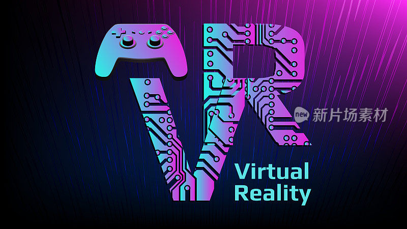 彩色字母VR的缩写虚拟现实穿孔与PCB电路板轨道和游戏手柄操纵杆在黑暗的品红背景。