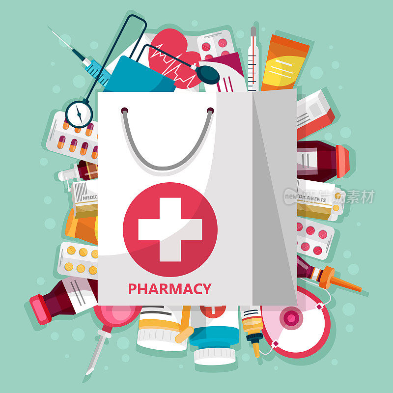扁平风格的医学、保健和急救概念。在彩色抽象背景上的一套药品和物品。