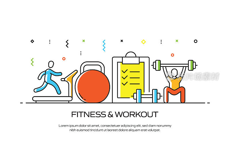 健身和锻炼相关的线风格横幅设计网页，标题，小册子，年度报告和书的封面