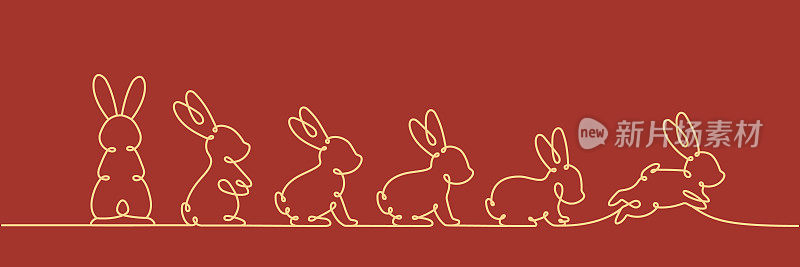 兔子一条线画。野兔连续一行插图。2023年兔年。矢量插图。