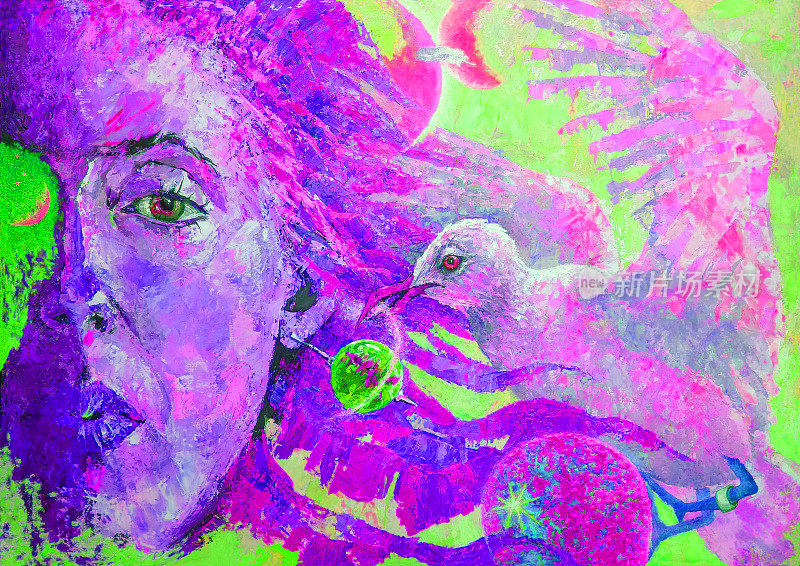 插画油画,以宇宙和行星为背景,女性与飞翔的海鸥的肖像