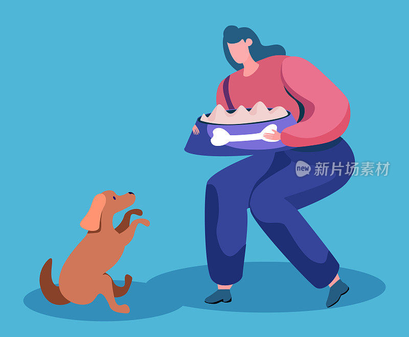 一名妇女要给狗喂食，蹲着的时候爪子是孤立的