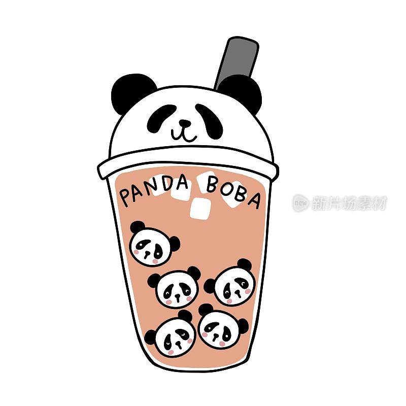 熊猫奶茶(珍珠奶茶)卡通标志矢量插图