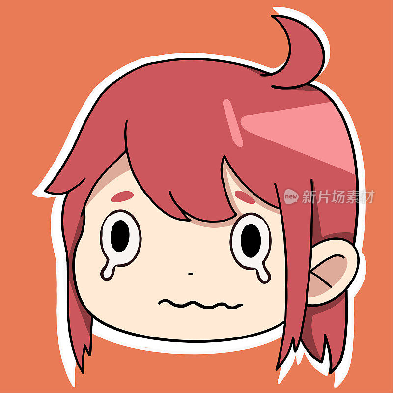 动漫贴纸，女孩的脸和不同的情绪在她的脸和红头发