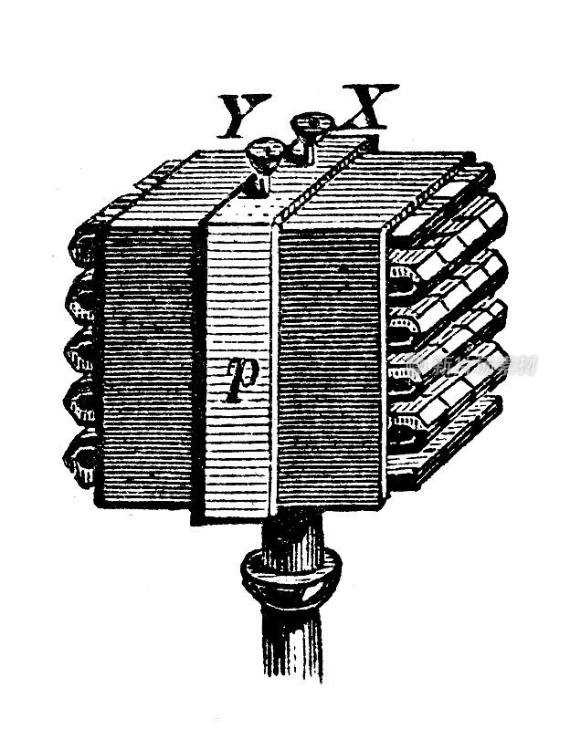 古董插图，物理原理和实验，热量和温度:热电电池