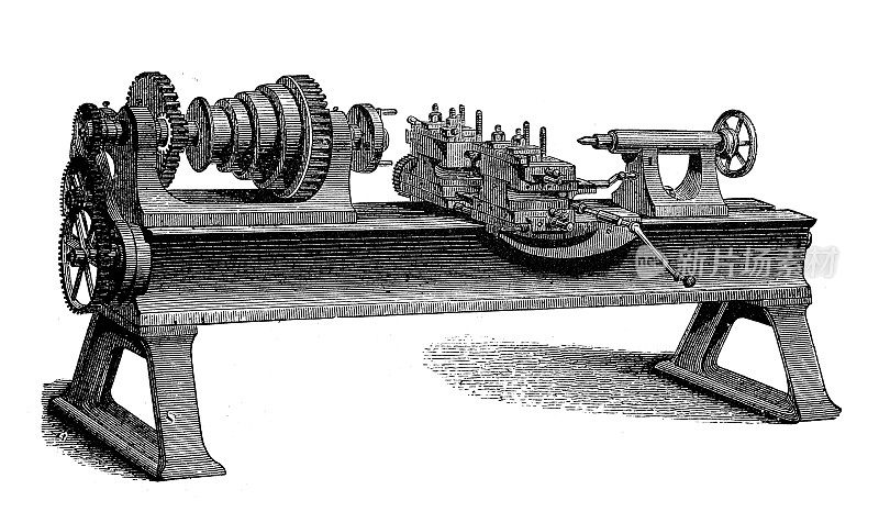 古董插图，应用机械和机器:车床车床