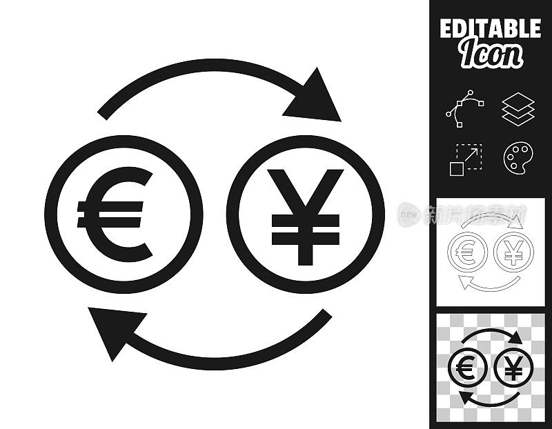 货币兑换-欧元日元。图标设计。轻松地编辑