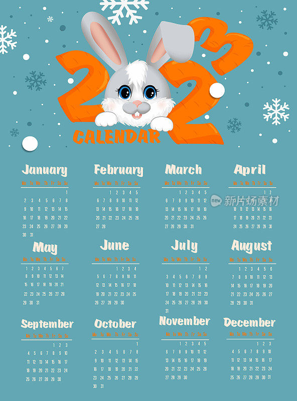 历法2023年以兔(兔)为年号。卡通风格的可爱小兔子。一周从星期一开始。