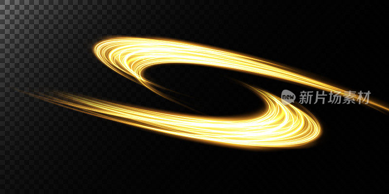 抽象光线的运动和速度在金色。光每天发光效果。半圆波，光迹曲线旋流，光纤白炽png。