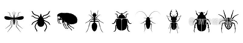 昆虫的图标集。各种昆虫的剪影。矢量插图。