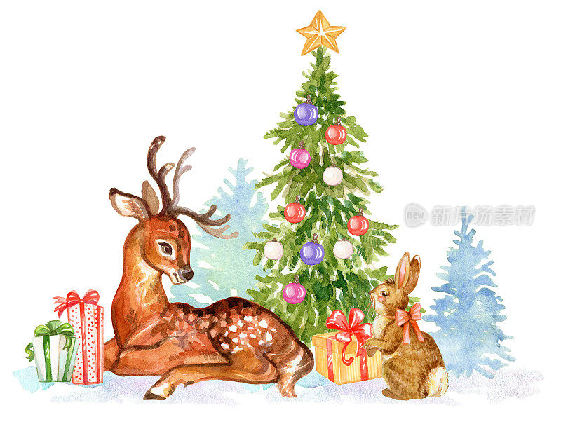 圣诞鹿和礼物水彩孤立插图