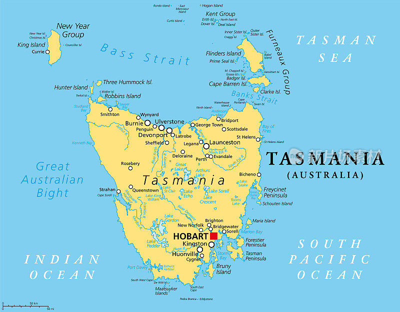 塔斯马尼亚，澳大利亚的岛国，政治地图上有首都霍巴特
