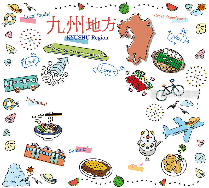 日本九州地区夏季美食旅游标志套装(线条图)