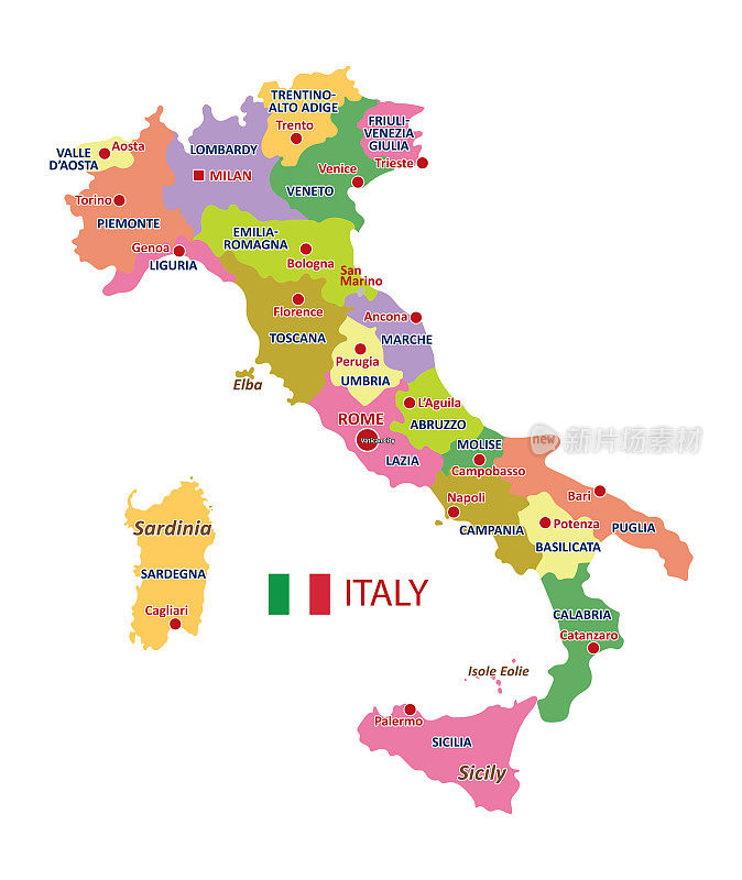 意大利地图上有各地区和主要城市