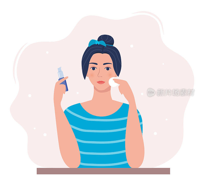 年轻女子用化妆棉洗脸，手里拿着洁面乳。美容、护肤和美容概念。平面风格的矢量插图。
