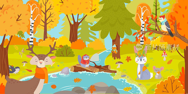 秋天的森林。自然景观，树木和落叶和野生动物，如松鼠，鹿，野兔，老鼠