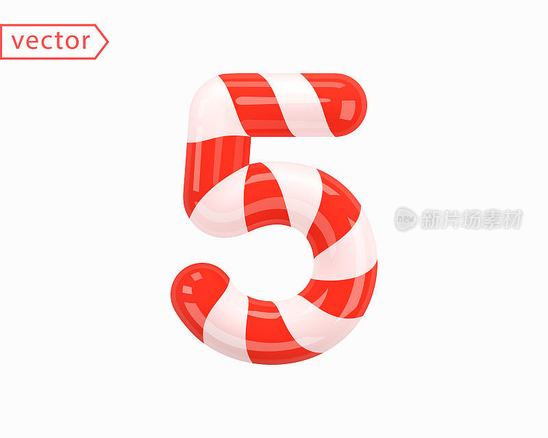 5号。3号标志白色与红色丝带交织在一起。3d数字作为卡通风格的拐杖糖。逼真的光滑物体孤立在白色背景上。3D符号图标矢量插图
