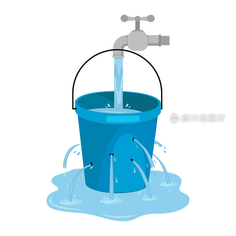 水龙头流出的水。节约用水的浪费主题。从孔桶中将水洒在地板上。