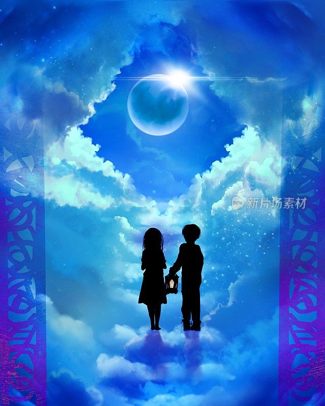 黑白剪纸风格的插图和幻想的风景背景，一个兄弟和一个害怕的妹妹与一盏灯徘徊在云通往天堂。
