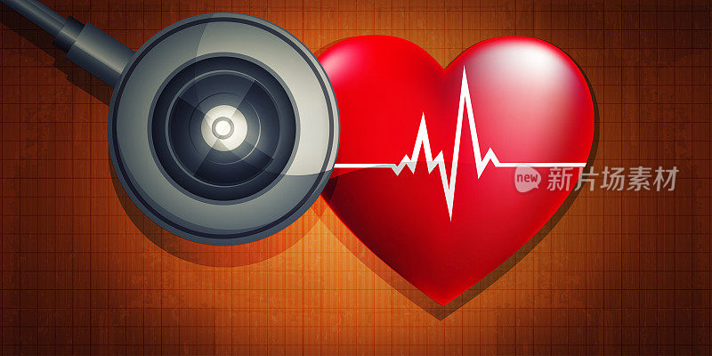 写实风格的医学保健理念。听诊器与心脏和心率抽象彩色纸板背景。