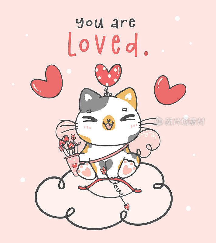 可爱的情人节贺卡与卡哇伊快乐的微笑印花布丘比特猫坐在粉红色的云与心箭和弓，可爱的卡通动物人物插图矢量手绘