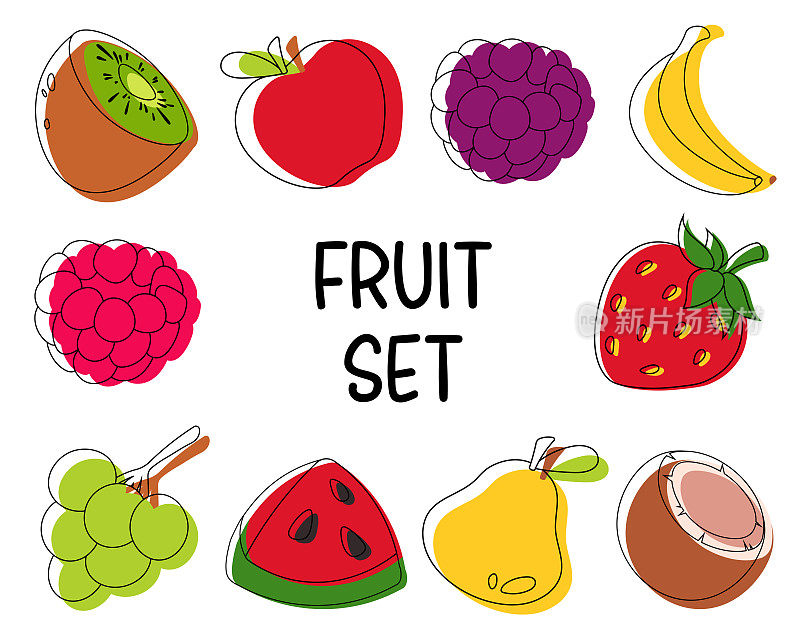 套绘制的水果，轮廓和油漆。苹果，梨，葡萄，覆盆子，黑莓，猕猴桃，椰子，香蕉，草莓，西瓜