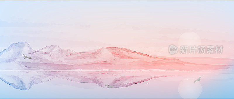 湖光山色，山景背景。温暖的日出插图。水彩粉彩景观。