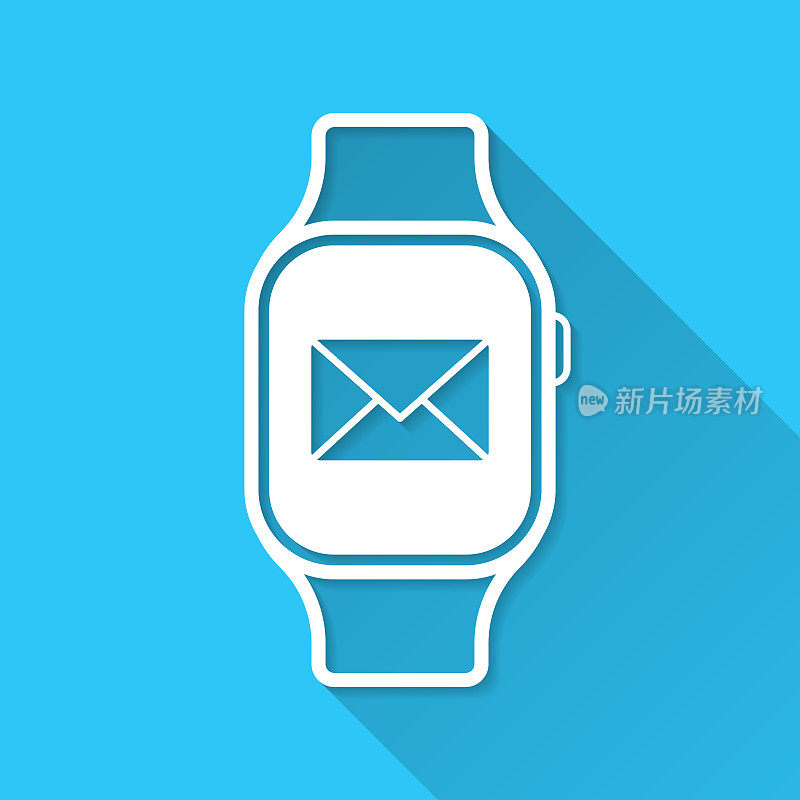 带有电子邮件信息的智能手表。图标在蓝色背景-平面设计与长阴影
