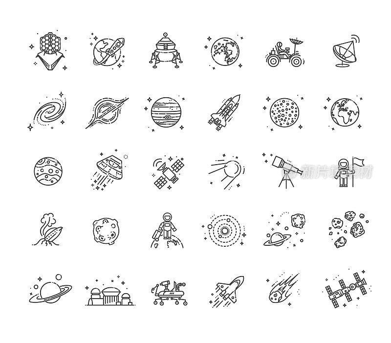 一套轮廓风格的空间图标矢量插图
