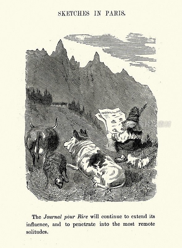 农夫在他的牛群旁看报纸，古斯塔夫・多雷的复古漫画，巴黎速写，法国，1860年代维多利亚时代。