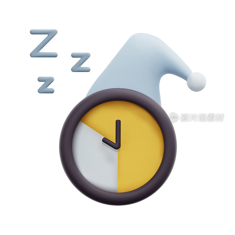 3d闹钟睡眠图标矢量。孤立在白色背景上。3d夜间睡眠时间，就寝时间概念。卡通简约风格。三维时钟在睡帽图标矢量渲染插图。