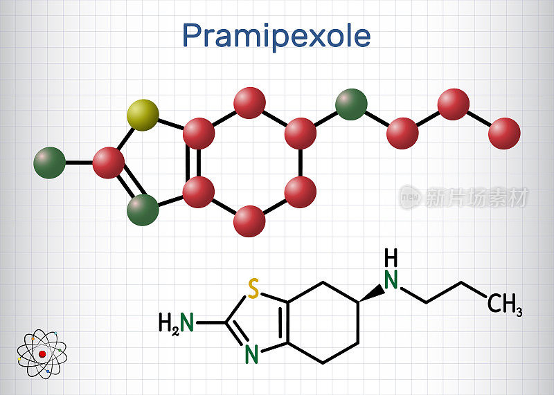 Pramipexole分子。这是一种非麦角胺激动剂，用于治疗帕金森病。结构化学式，分子模型。一张纸放在笼子里。