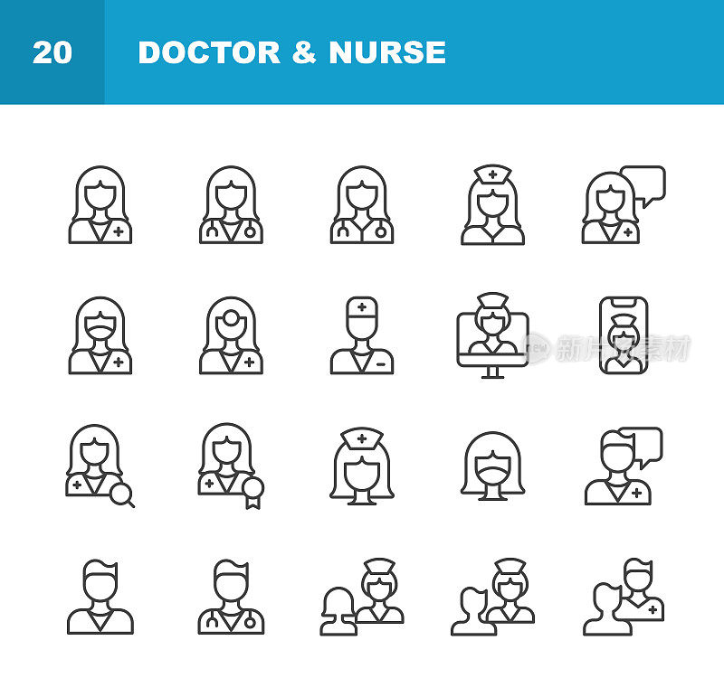 医生和护士线图标。可编辑的中风。像素完美。移动和Web。包含这样的图标，如护理，诊所，医生，医疗保健，医院，口罩，医生，医药，护士，病人，医生，听诊器，外科医生，治疗，制服。