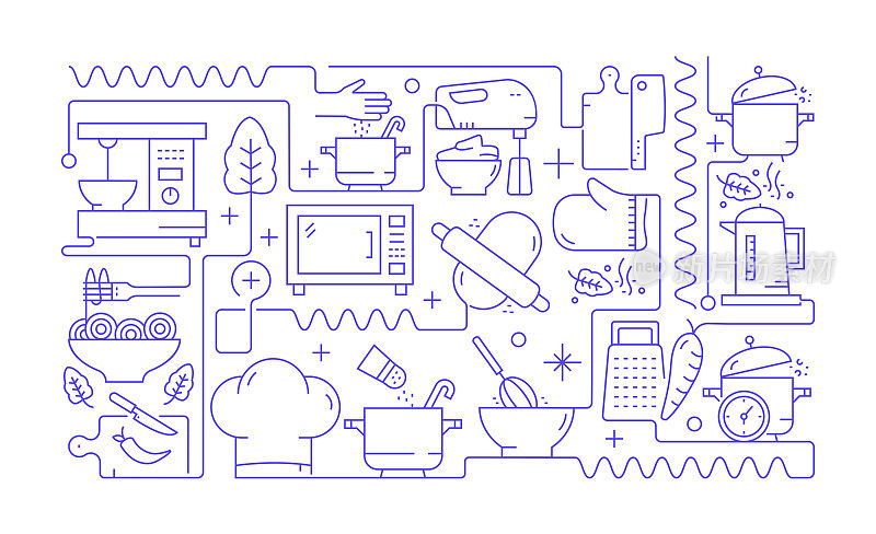 烹饪相关的横幅设计。厨师，厨房，烹饪锅，准备食物。