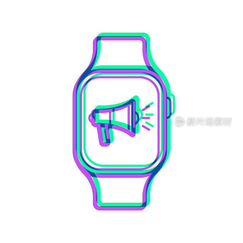 带扩音器的智能手表。图标与两种颜色叠加在白色背景上