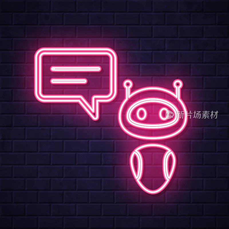 有语音泡泡的聊天机器人。在砖墙背景上发光的霓虹灯图标
