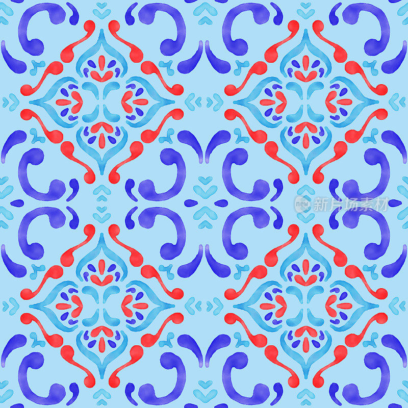 蓝色，红色和绿松石色葡萄牙Azulejo无缝图案。摩洛哥瓷砖。矢量里斯本阿拉伯花马赛克，地中海装饰。