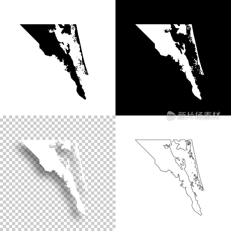 北卡罗莱纳州的库里塔克县。设计地图。空白，白色和黑色背景