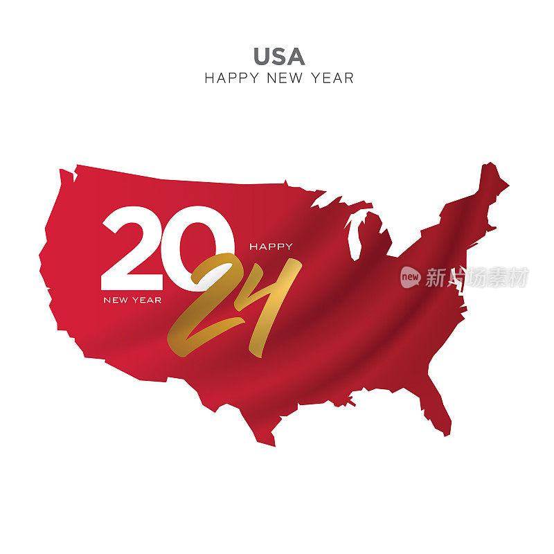 美国地图新年概念设计。2024新年快乐的概念广告，横幅，传单和传单。矢量股票插图。
