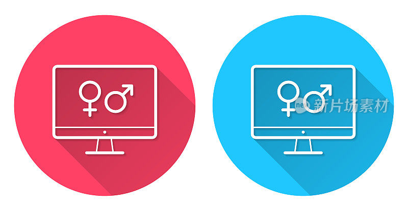 带有性别符号的台式电脑。圆形图标与长阴影在红色或蓝色的背景