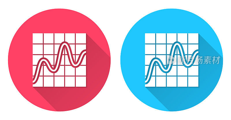 曲线图表。圆形图标与长阴影在红色或蓝色的背景