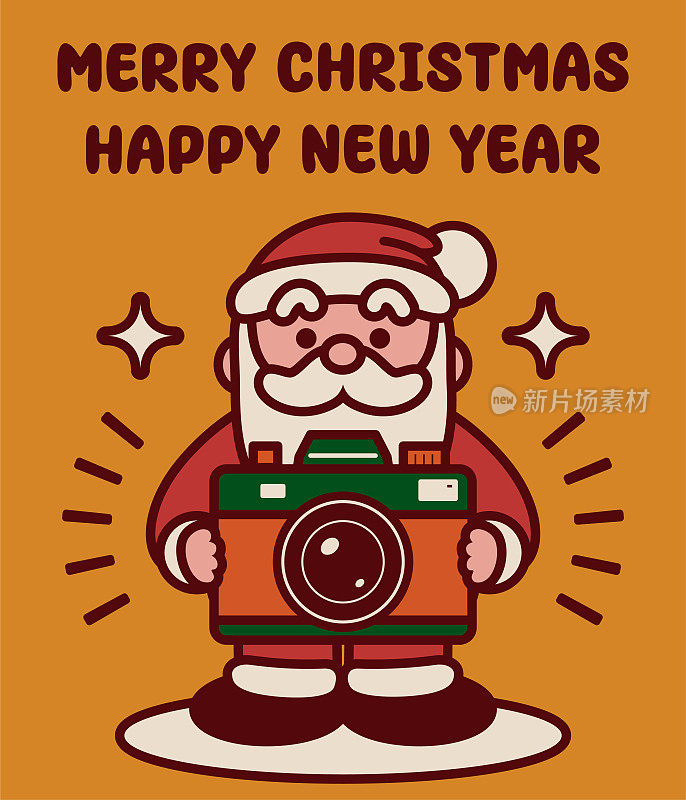 可爱的圣诞老人抱着一个大相机祝你圣诞快乐，新年快乐