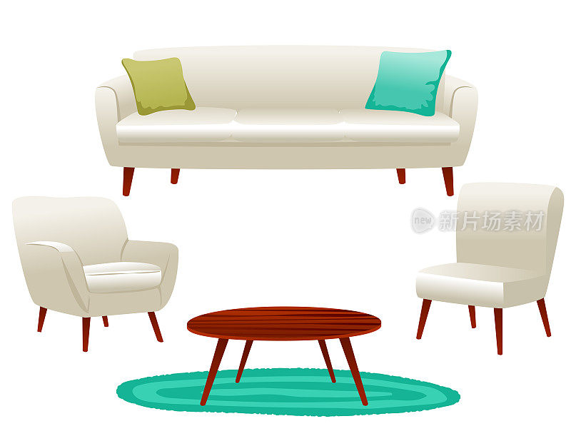 一套客厅家具:沙发、椅子和茶几