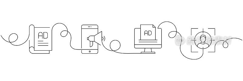 连续单线绘制广告图标的概念。单线矢量插图。广告牌，营销，连接，互联网。