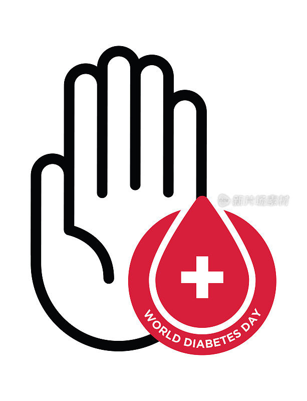 世界糖尿病日。手和血滴形状的图标矢量，填充扁平标志，固体象形文字隔离在白色，标志说明